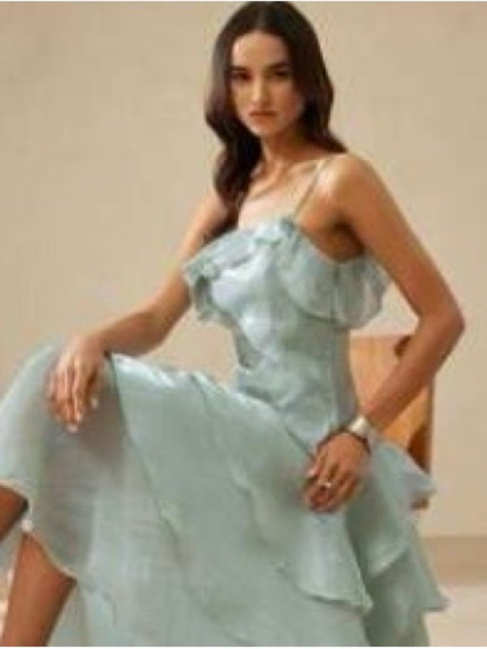Ruffled Spaghetti-Strap Midi Dress in Pale Blue